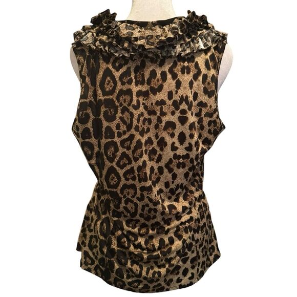Milano Womens Size Medium Sleeveless Blouse V-Neck Ruffles Animal Print - Picture 2 of 8